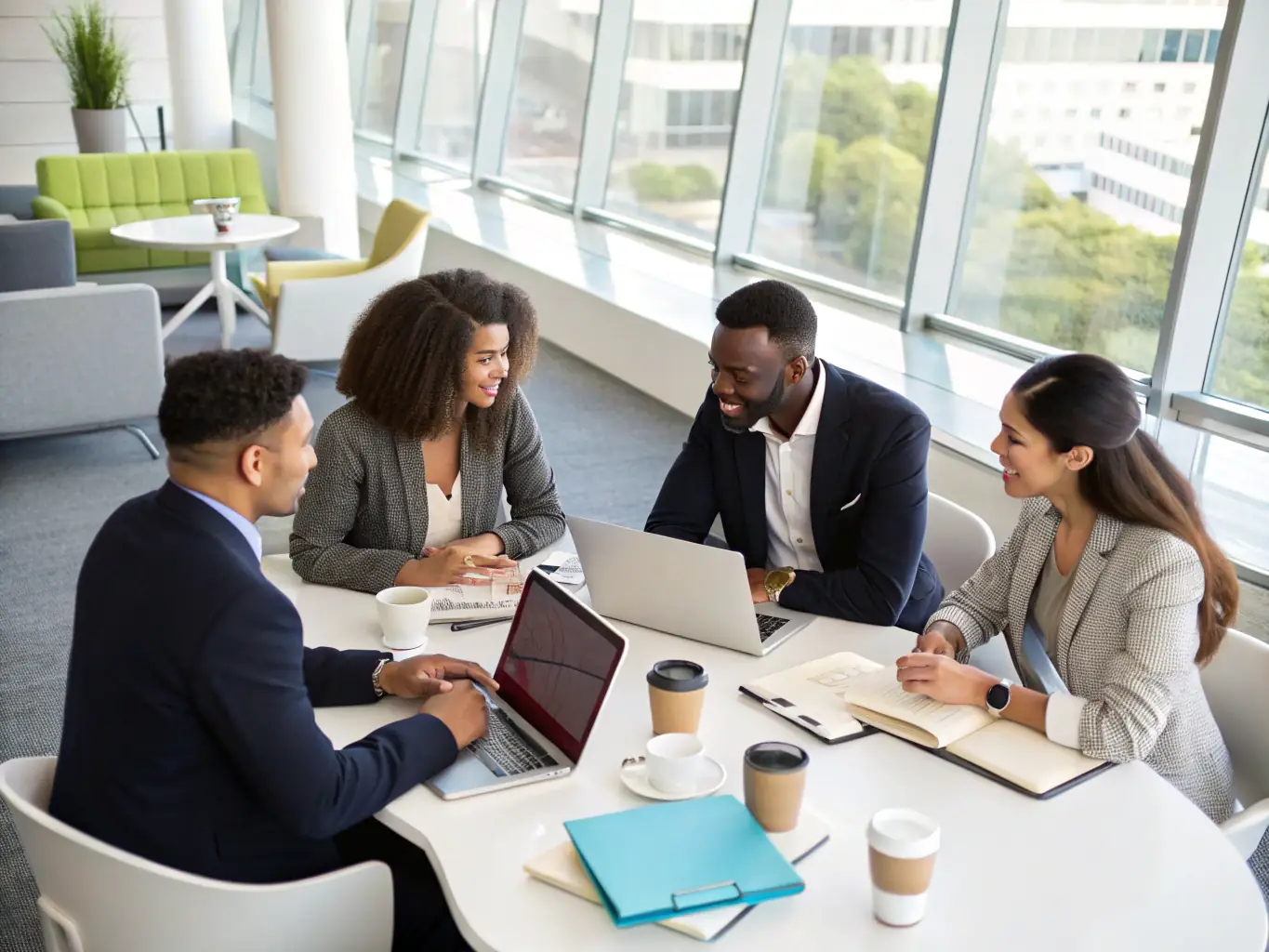 A diverse team of business professionals collaborating around a table, discussing financial strategies and growth opportunities.