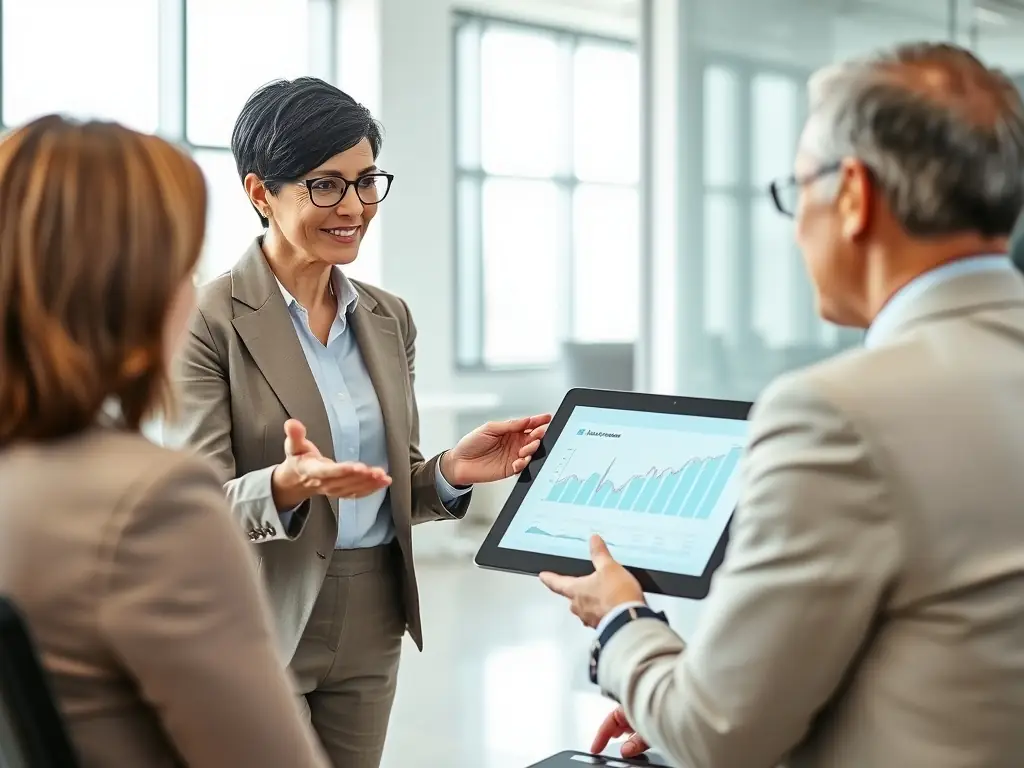 A professional financial advisor is explaining the benefits of whole life insurance to a client in a modern office setting, emphasizing long-term financial security.