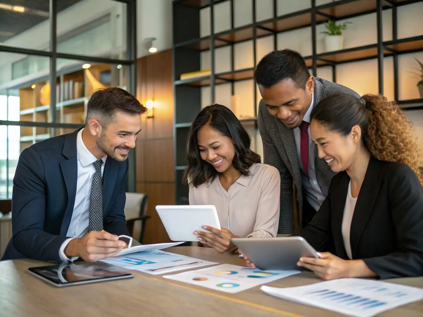 A diverse team of financial advisors collaborating on a business strategy in a bright, modern office, emphasizing personalized service and strategic planning.