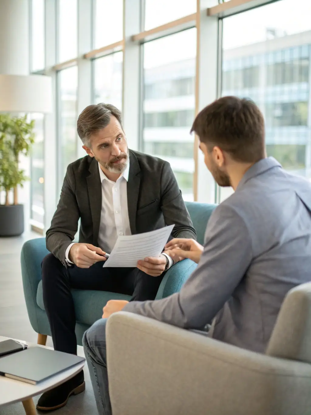 A professional advisor explaining the benefits of whole life insurance to a client in a modern office setting, emphasizing long-term security and financial growth.