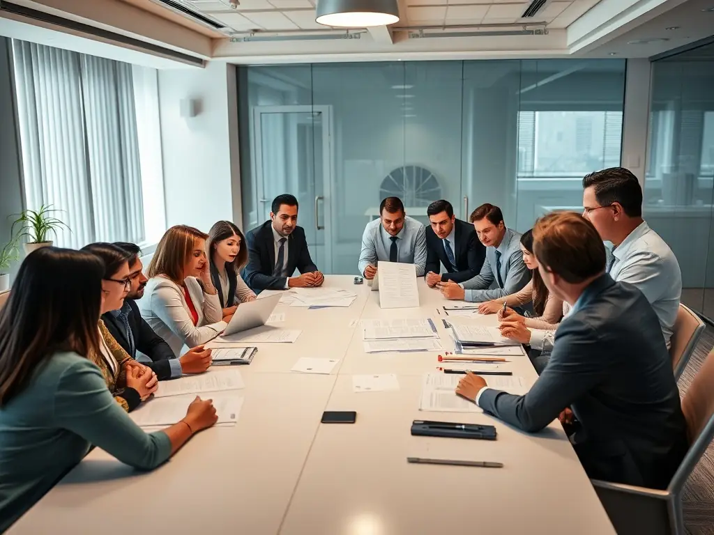 A diverse group of investors is discussing the potential of IUL insurance in a modern boardroom, highlighting its role in wealth accumulation and legacy planning.