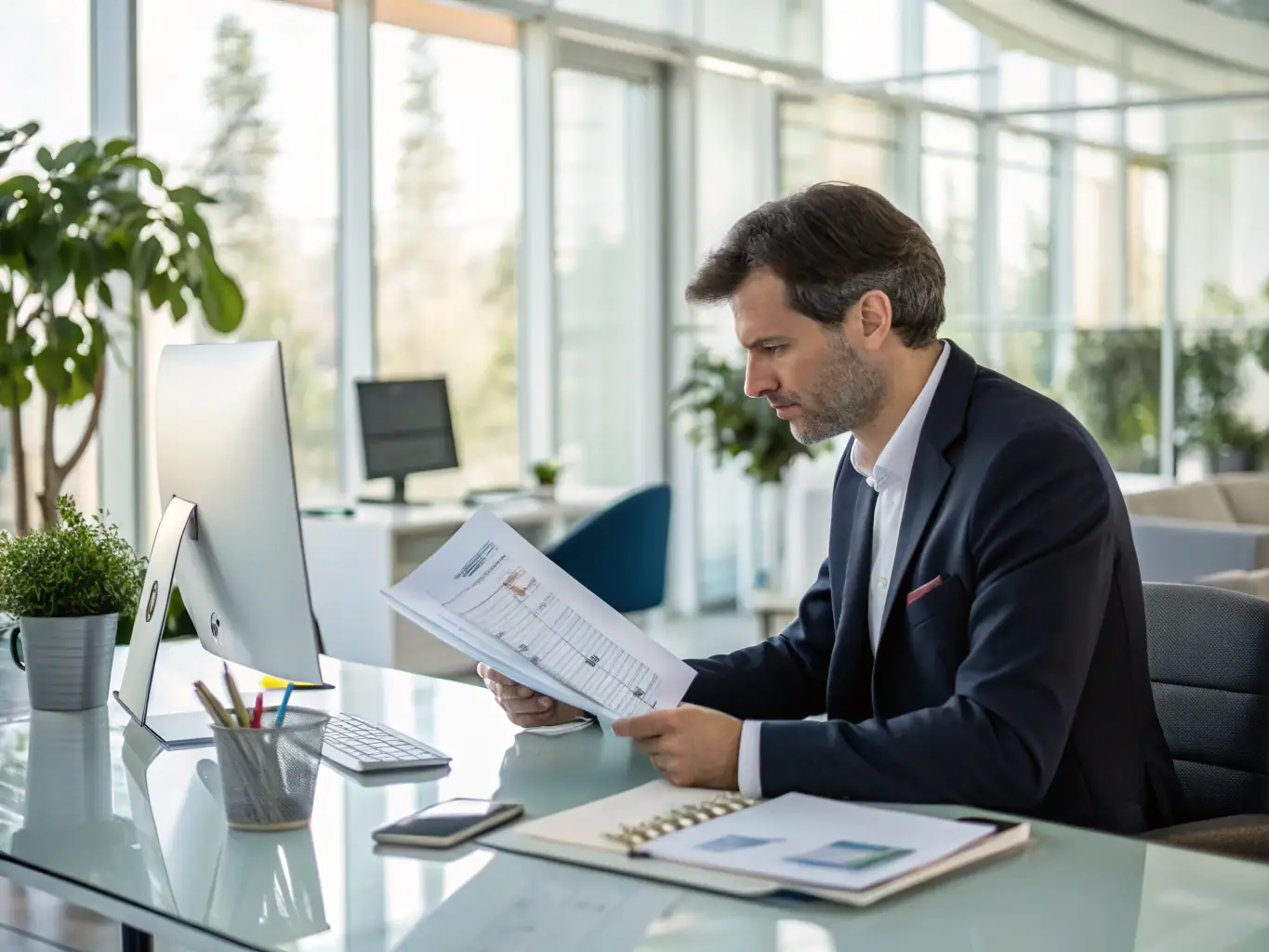 A professional businessman confidently reviewing financial documents in a modern office setting, symbolizing strategic business planning and financial acumen.