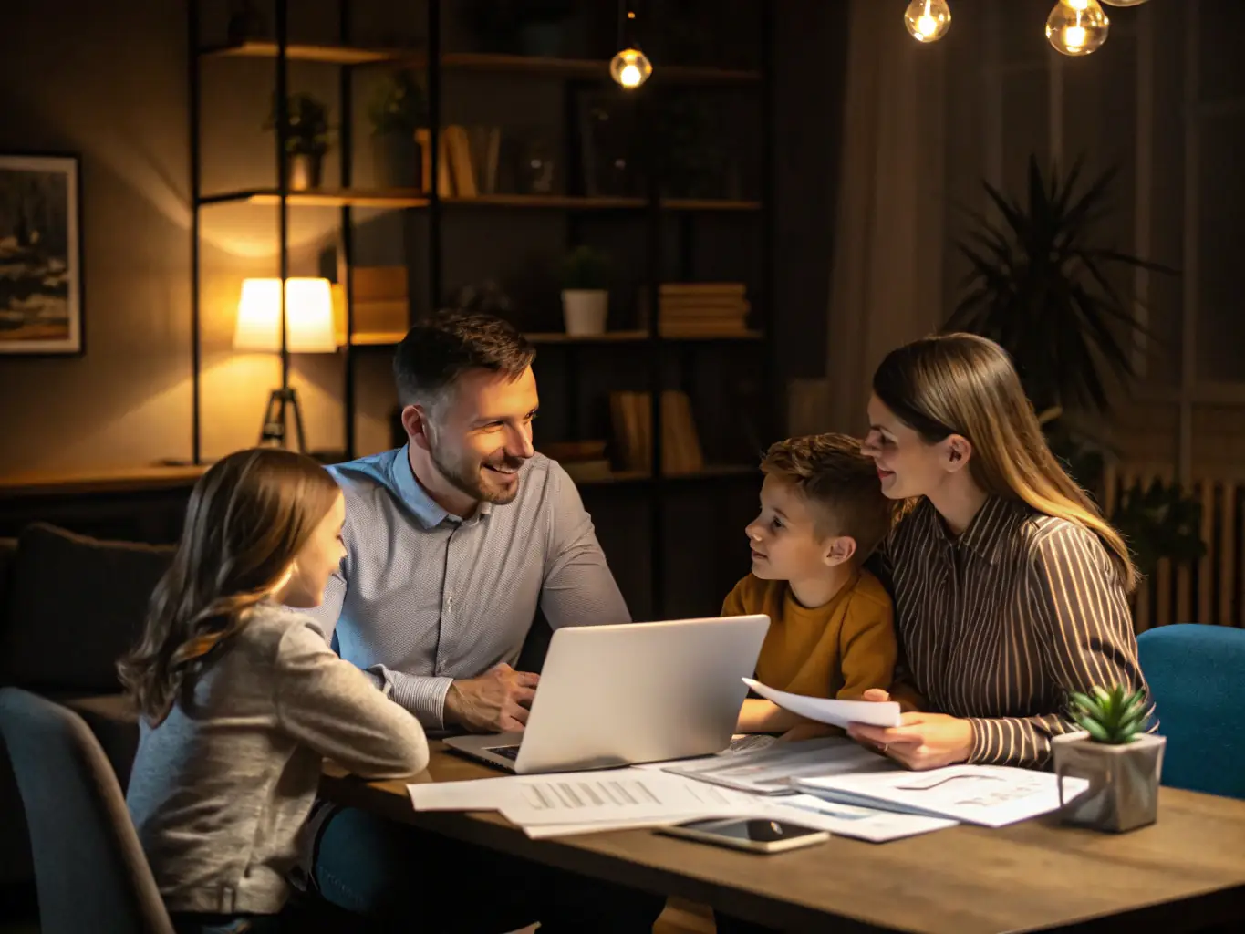 A family confidently planning their financial future around a table, with digital displays showing growth charts and asset protection plans. The scene should evoke trust and long-term security.