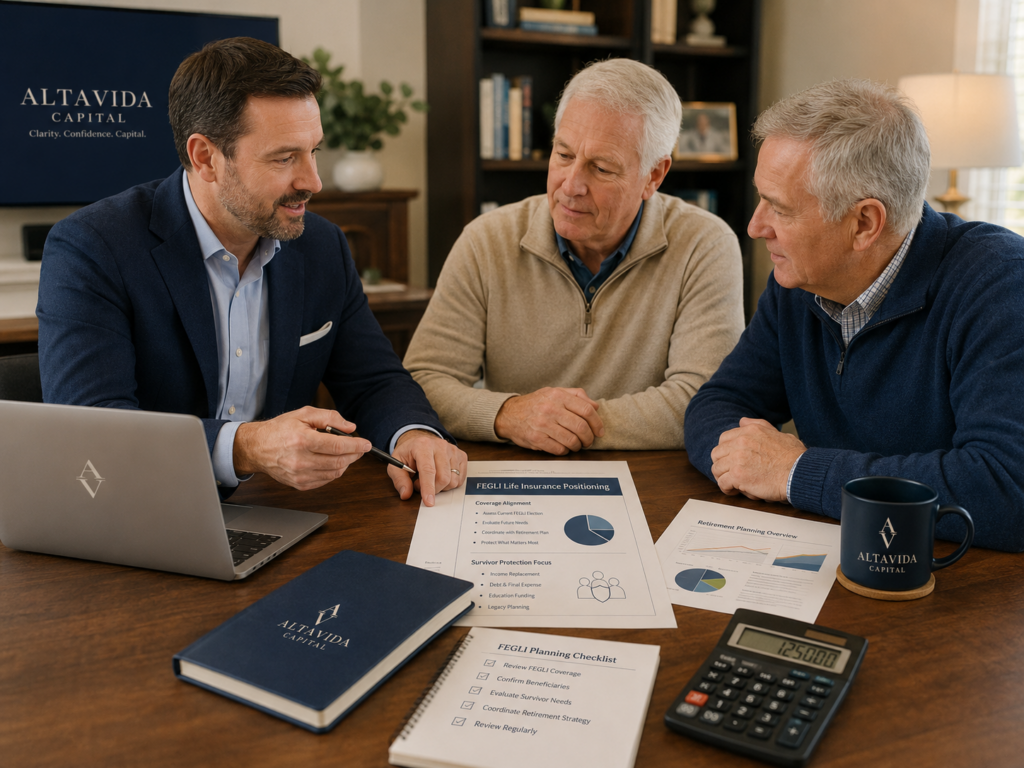 Male advisor meeting with two men to review FEGLI life insurance positioning, survivor protection documents, retirement charts, and planning checklist.