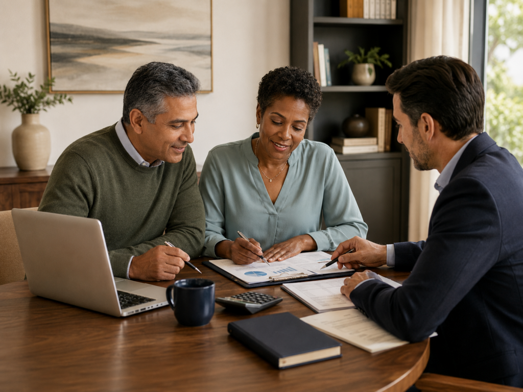 Federal employee couple reviewing FERS pension readiness documents with a benefits advisor, laptop, calculator, and retirement planning paperwork.