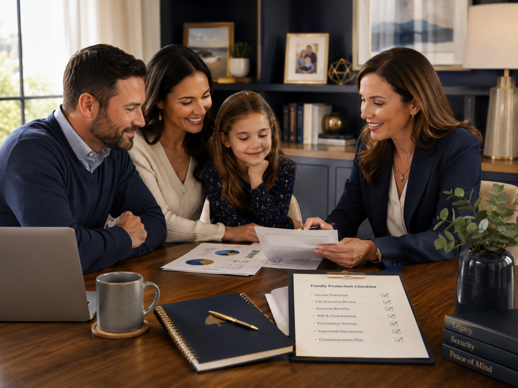 Family meeting with a benefits advisor to review survivor protection, life insurance, family checklist, legacy planning, and household financial readiness.