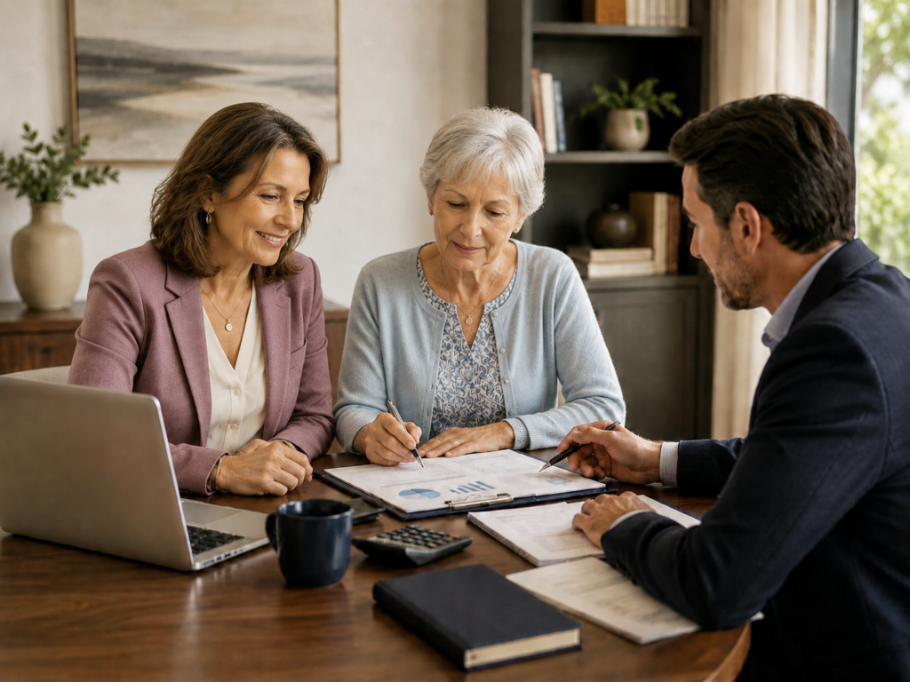 Federal retirement planning meeting reviewing TSP contribution strategy, income planning charts, calculator, laptop, and retirement documents.