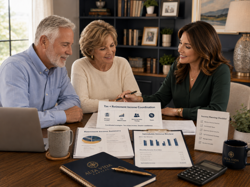 Federal retirement income planning scene with tax documents, retirement charts, calculator, laptop, and advisor reviewing spendable income questions.