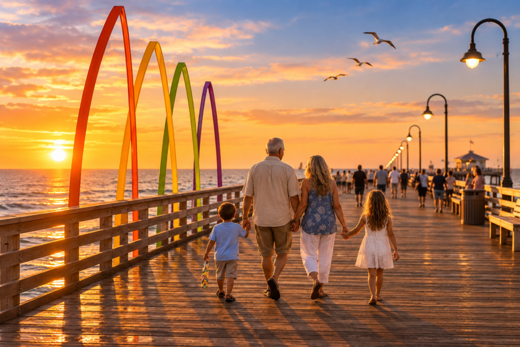 Income Durability- sunset -Family walking on the pier.