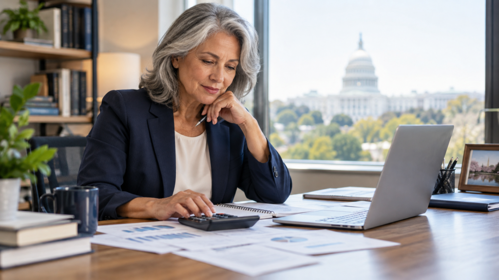 Federal employee reviewing retirement planning documents with calculator and laptop