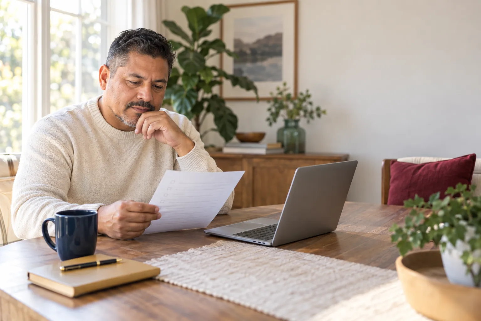 Education-first benefits readiness: Dad reviewing retirement and insurance information