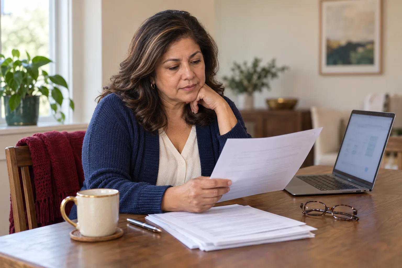 Retired couple reviewing retirement income documents at kitchen table
