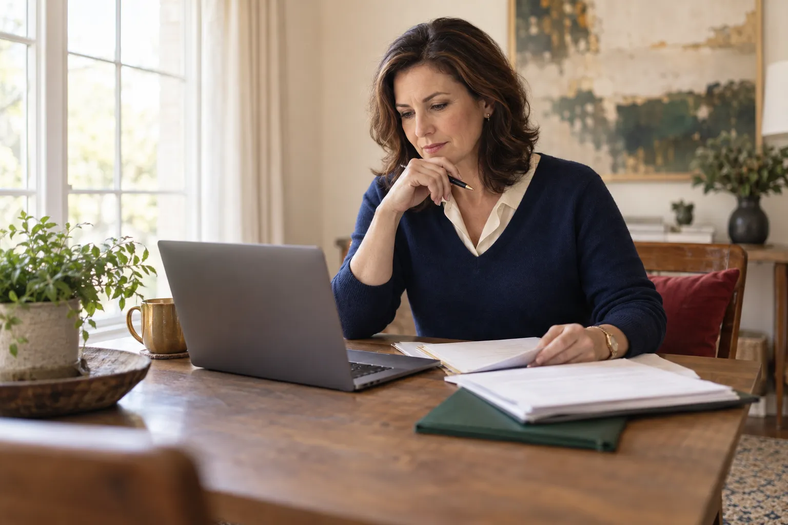 Financial advisor reviewing benefits documents with couple at desk