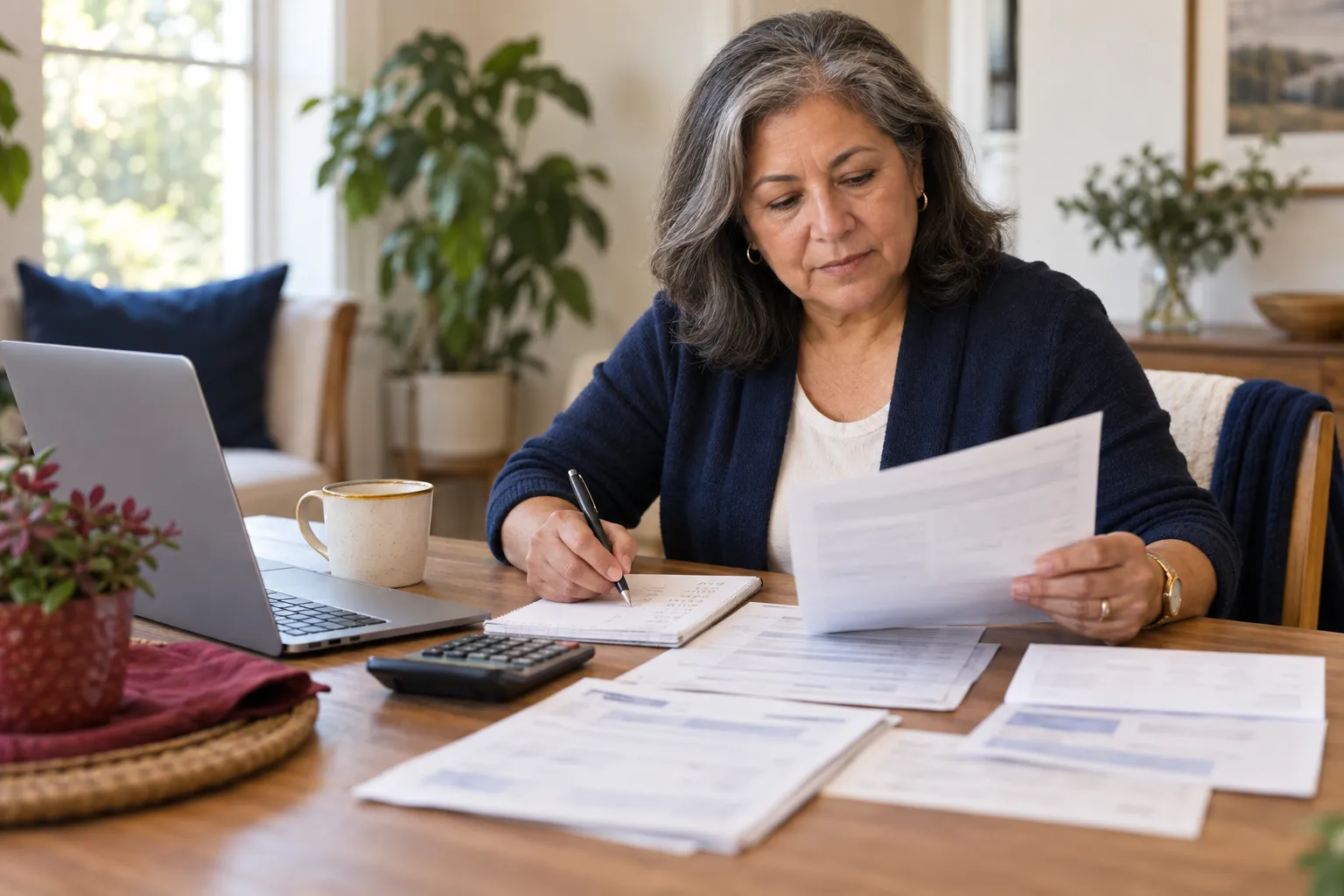 Military family reviewing budget documents and debt statements at kitchen table
